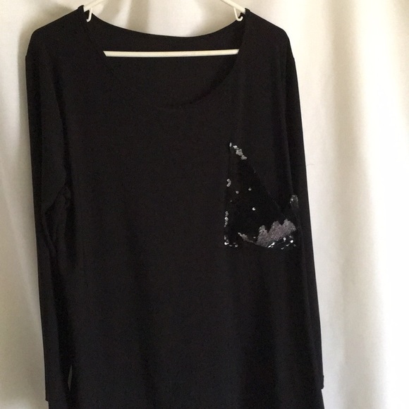 Black Beaded Pocket Long  Sleeve Stretchy Shirt 2X - Picture 2 of 7